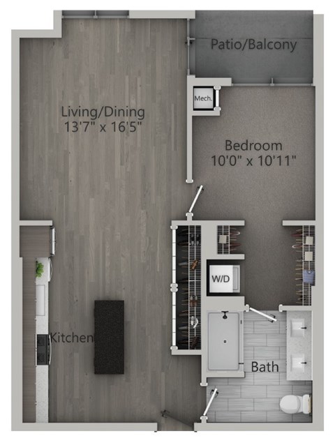 Floor plan for 1 bed, 1 bath, 768 sqft